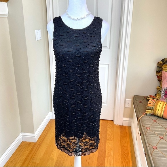 Anthropologie Dresses & Skirts - Anthropologie Manoush Dress Party Beaded Black Tank Style Fringe Hem (38/6)